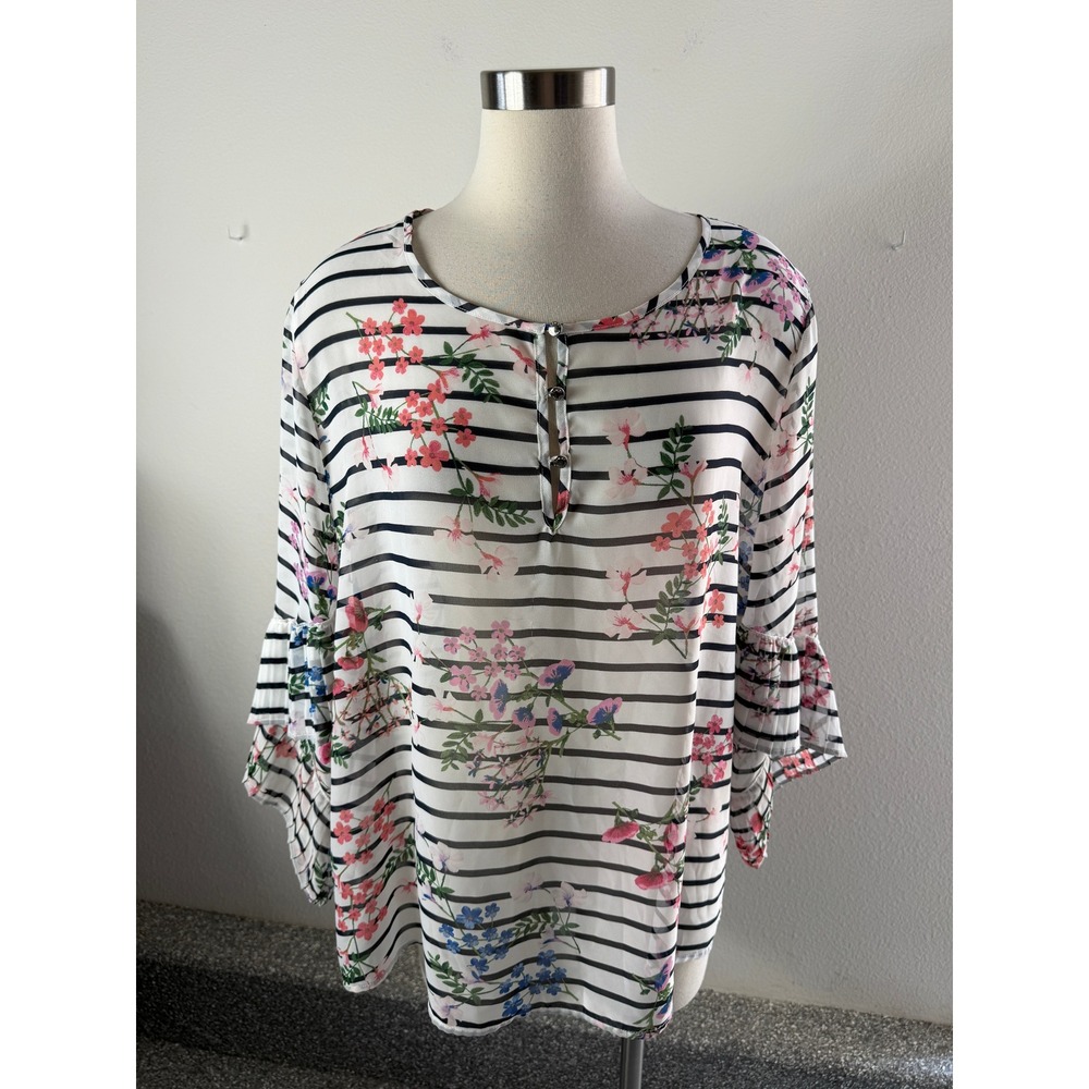 Tommy Hilfiger Womens Plus XXL Floral Stripe Chiffon Blouse Bell Sleeve Top